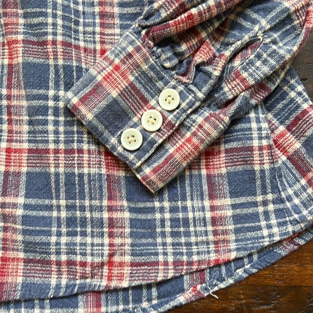 FREE PEOPLE Fireside Nights Plaid & Knit Long Sleeve Blouse Cloudy Combo Size S